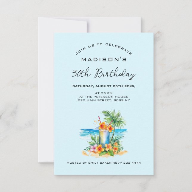 Cocktail und exotische Blume am Blue Birthday Einladung (Vorderseite)