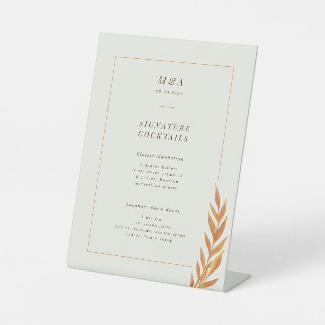 Cocktailmenü der Hochzeit im Herbst Orange Branch Sockelschild (Vorderseite)
