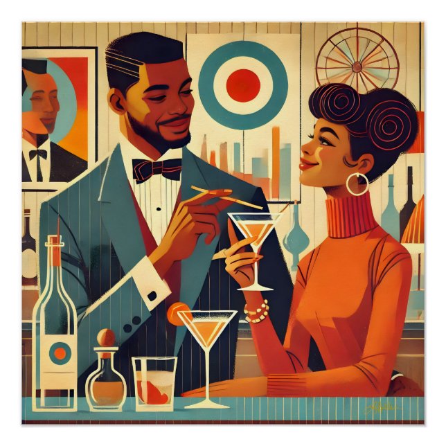 Cocktailparty-Paare im Stil der Mitte des Jahrhund Poster (Vorderseite)