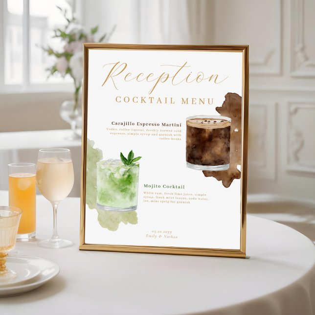 Cocktails auf Hochzeitsreise Drink Menü Poster (Watercolor Cocktails Wedding Reception Drink Menu Poster)