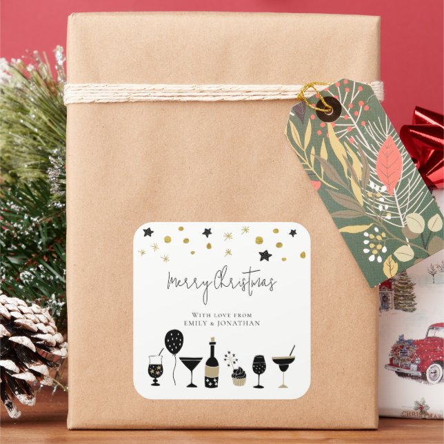 Cocktails Cake Balloons Gold Schwarz Frohe Weihnac Quadratischer Aufkleber (Feiertag)