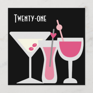 Cocktails Damen Rosa Schwarz 21. Geburtstagsfeier Einladung