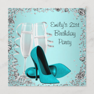 Cocktails High Heels Aquamarin 21. Geburtstag Part Einladung