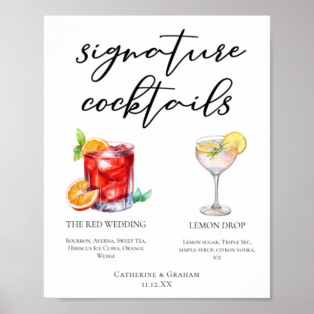 Cocktails Hochzeitsmenü mit süßen Signaturen Poster (Vorne)