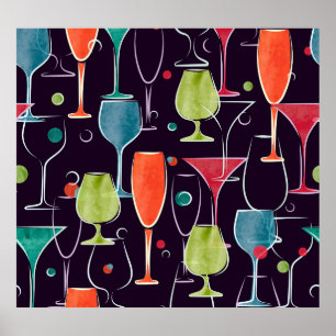 Cocktails in Aquarellfarbe, farbenfrohe Vintage Mu Poster