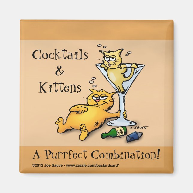 Cocktails & Kittens Gold Cartoon Magnet (Vorne)