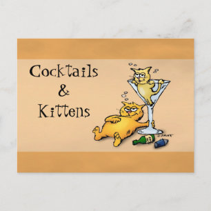 Cocktails & Kittens Gold Cartoon Postkarte