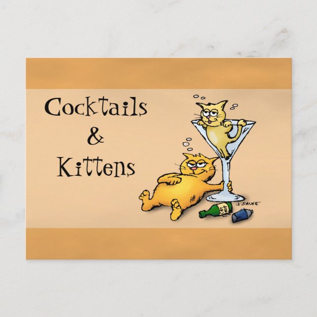 Cocktails & Kittens Gold Cartoon Postkarte (Vorderseite)