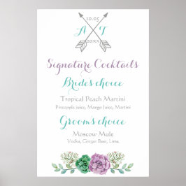 Cocktails mit Hochzeitssignatur, botanische Blume Poster