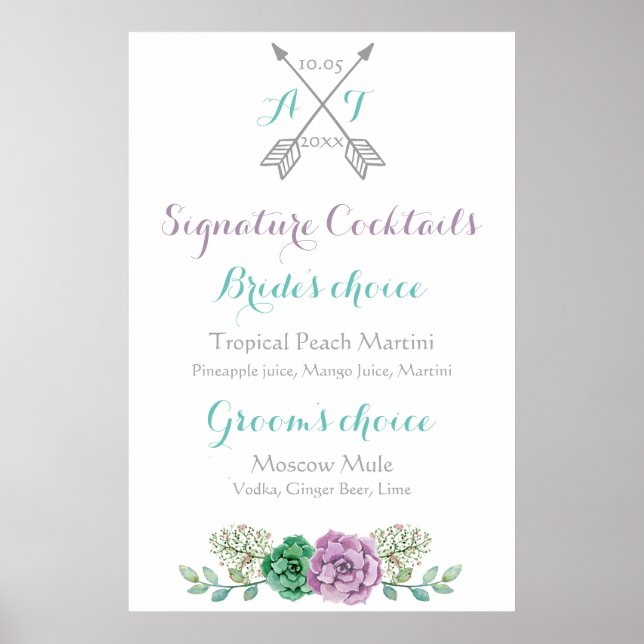 Cocktails mit Hochzeitssignatur, botanische Blume Poster (Vorne)