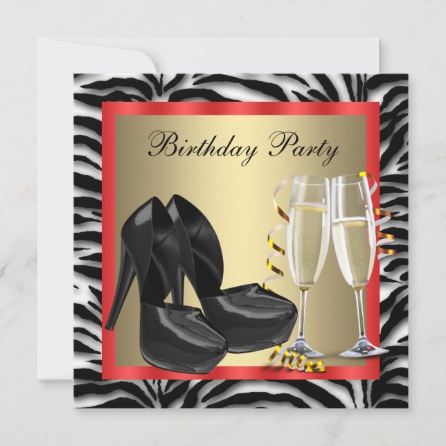 Cocktails Rote High Heel Schuhe Red Zebra Geburtst Einladung (Vorderseite)