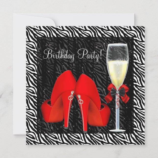 Cocktails Rote High Heel Schuhe Zebra Geburtstag Einladung (Vorderseite)