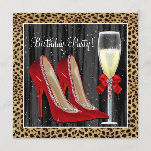 Cocktails Rote High Heels Leopard Geburtstag Einladung