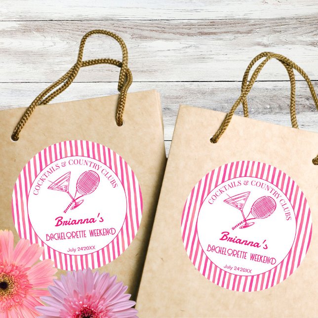 Cocktails und Country Clubs Tennis Bachelorette Runder Aufkleber (Cocktails and country clubs tennis themed Bachelorette party favor Sticker)