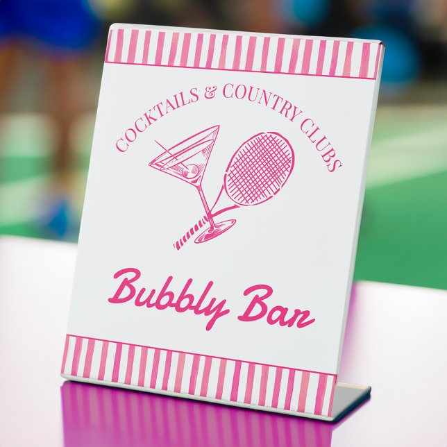Cocktails und Country Clubs Tennis Bachelorette Sockelschild (Cocktails and country clubs pink tennis themed Bachelorette party bubbly bar Pedestal Sign)
