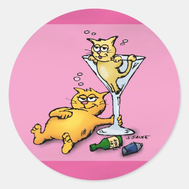 Cocktails und Kittens Pink Cartoon Sticker (Vorderseite)