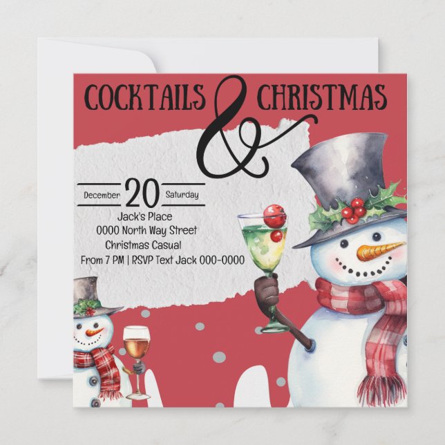 Cocktails und Weihnachtsschneemänner mit Getränken Einladung (Vorderseite)