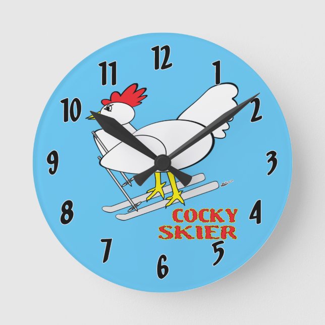 Cocky Skier Runde Wanduhr (Vorderseite)