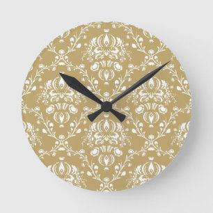 Cocoa and Cream Damask Runde Wanduhr