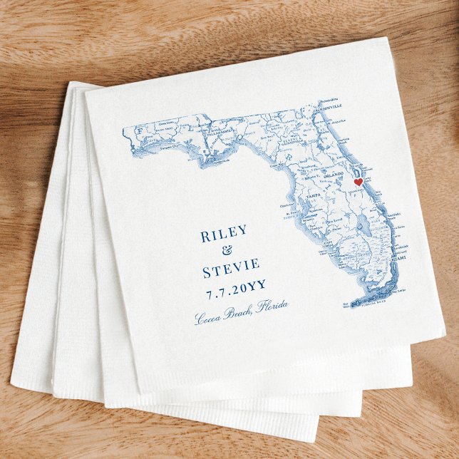 Cocoa Beach Florida Karte Serviette (Elegant Cocoa Beach Florida map wedding napkins in navy blue by Coastal Map Designs)