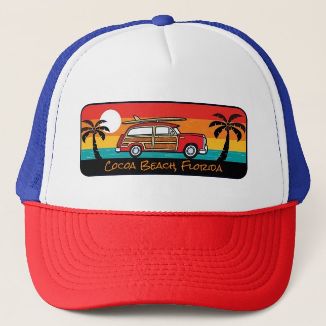 Cocoa Beach, Florida Woody Trucker Hat Truckerkappe (Vorderseite)