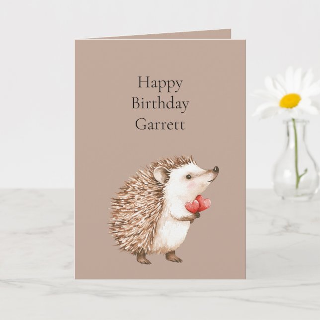 Cocoa Brown Cream Red Hearts Hedgehog Birthday Karte (Kleine Pflanze)