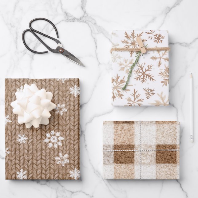 Cocoa Cream Snowflakes Plaid Stripes Christmas Geschenkpapier Set (Vorderseite)