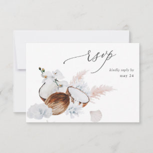 Coconut Coral & White Floral w Meal RSVP Karte