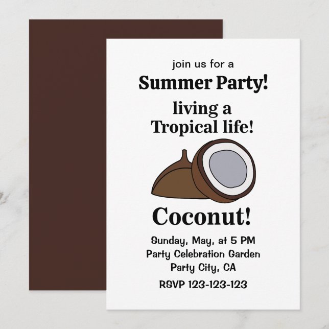 Coconut Fruit Tropical Summer Party Einladung (Vorne/Hinten)