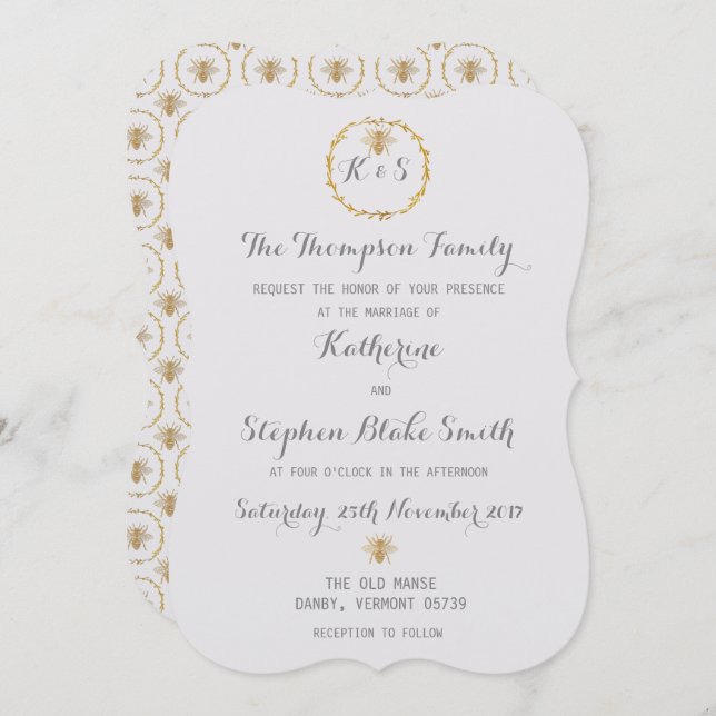 Coconut Milk White Gold Foil Golden Bees Wedding Einladung (Vorne/Hinten)