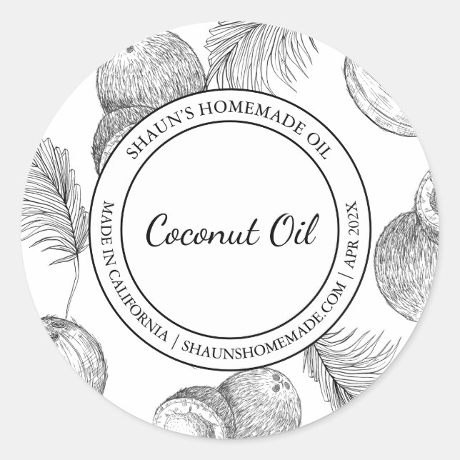 Coconut Oil Sketch Modernes Label Runder Aufkleber (Vorderseite)