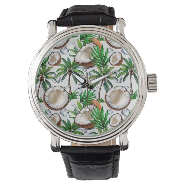 Coconut Palm Tree tropisches Muster Armbanduhr (Vorderseite)