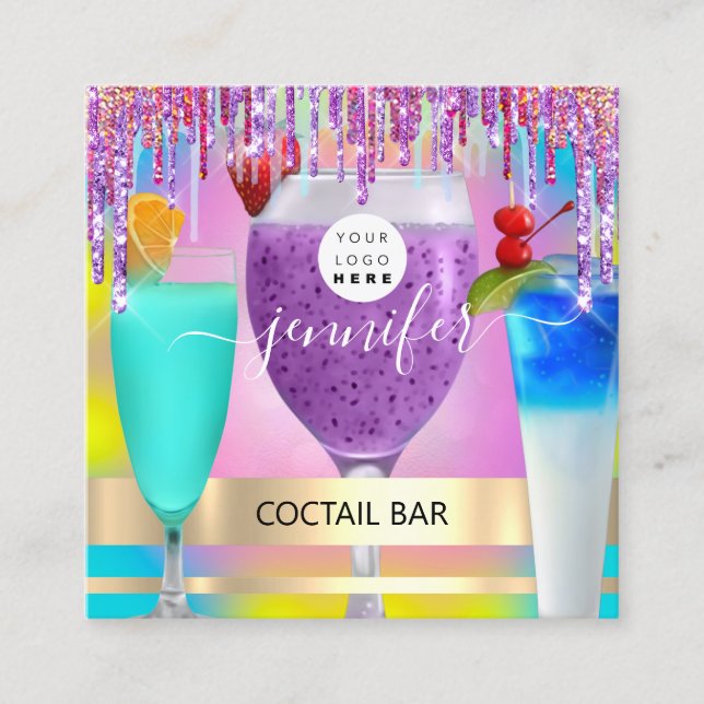 Coctail Pub Wine Restaurant Logo Holographic Drink Quadratische Visitenkarte (Vorderseite)