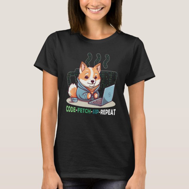 Code Fetch Sip Repeat Coffee Binary Shiba Inu Prog T-Shirt (Vorderseite)