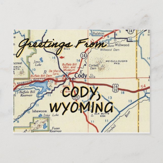 Cody Wyoming Vintag Map Postkarte (Vorderseite)