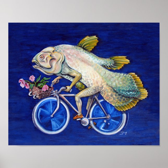 Coelacanth Fahrradfahren mit Blume Poster (Vorne)