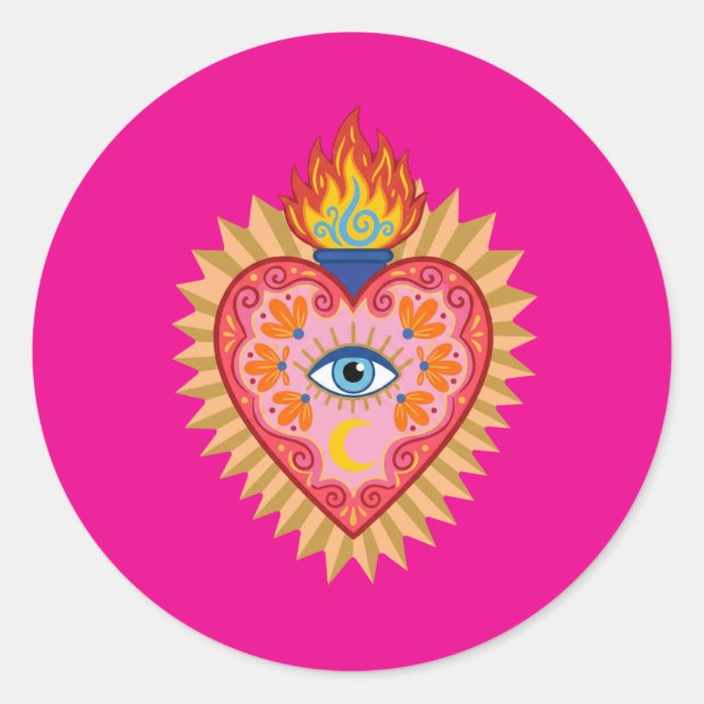 Cœur Sacré Mexicain avec Œil Protecteur et Flamme  Runder Aufkleber (Vorderseite)