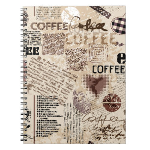 Coffee. Abstraktes Kaffeemuster auf braunem Hinter Notizblock