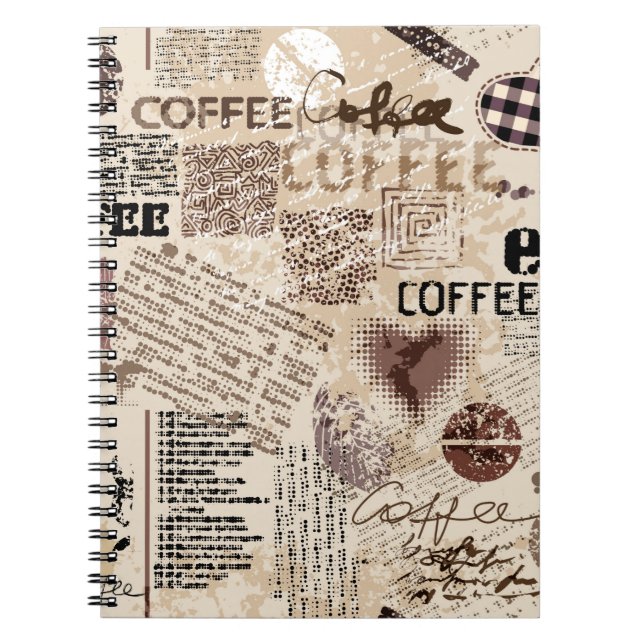 Coffee. Abstraktes Kaffeemuster auf braunem Hinter Notizblock (Vorderseite)