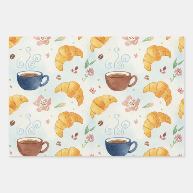 Coffee and Croissant Design Gift Wrap Flat Wrap Geschenkpapier Set (Vorderseite 3)
