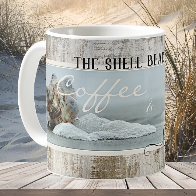 Coffee and Kisses Shell Beach House Mug Kaffeetasse (Mug featuring beautiful shells on a weathered wood background. Beautiful for a beach house)