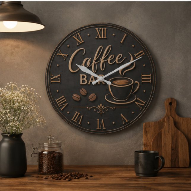 Coffee Bar Rustic Coffee Lover Station Gift Große Wanduhr (Von Creator hochgeladen)