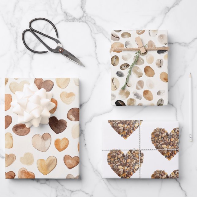 Coffee Bean Hearts Kaffee zuerst Geschenkpapier Set (Vorderseite)