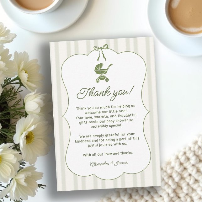 Coffee Bebe Brewing Stripes Brunch Baby Shower Dankeskarte (baby shower brunch thank you card coffee theme brewing olive green bistro hand drawn paris bistro)