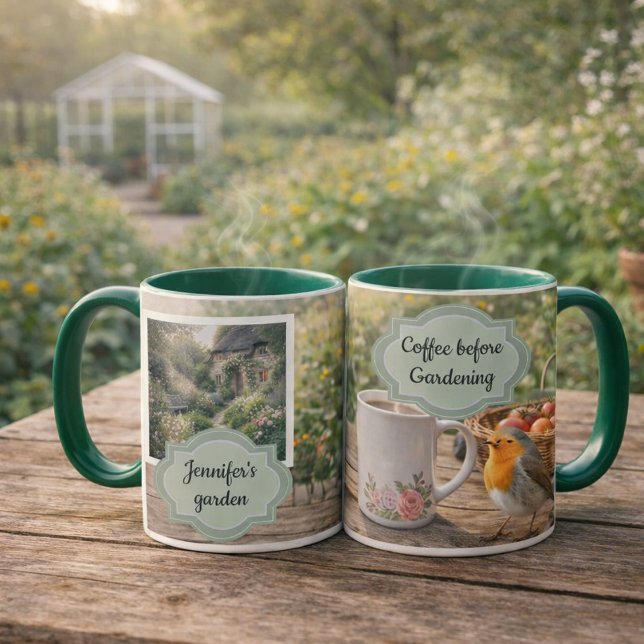 Coffee before gardening robin morning garden photo tasse (Coffee before gardening robin morning garden photo mug, You can add your own photo, name and text.)