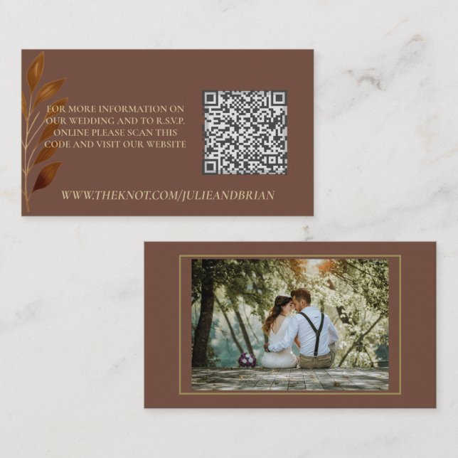 Coffee Brown Gold Leaf Foto Hochzeit RSVP QR Code Begleitkarte (Vorne/Hinten)
