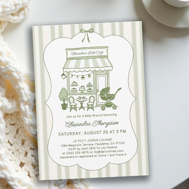 Coffee Brunch Bebe Brewing Neutral Baby Shower Einladung (baby shower brunch invitation coffee theme brewing olive green bistro hand drawn modern chic stripes)