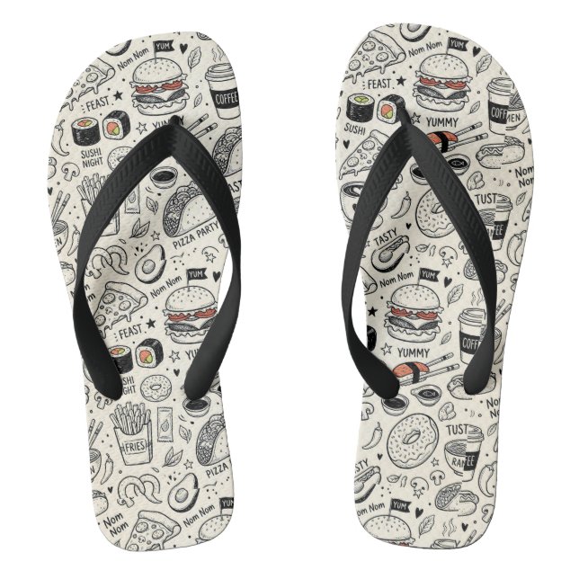 Coffee & Café Doodle Pattern –Cute Hand Drawn Food Flip Flops (Fußbett)