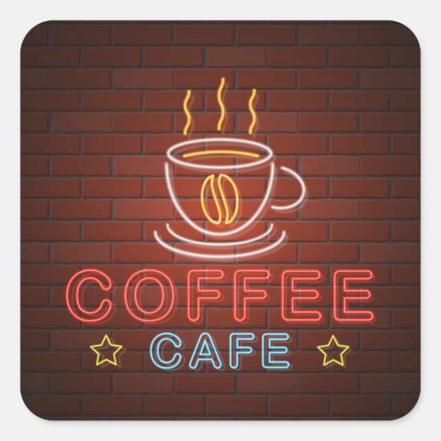 Coffee Café Neon Sign Quadratischer Aufkleber (Vorderseite)