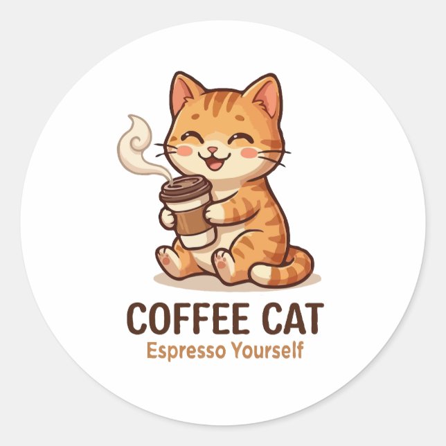 Coffee Cat Espresso Yourself Süßes Kätzchen Runder Aufkleber (Vorderseite)